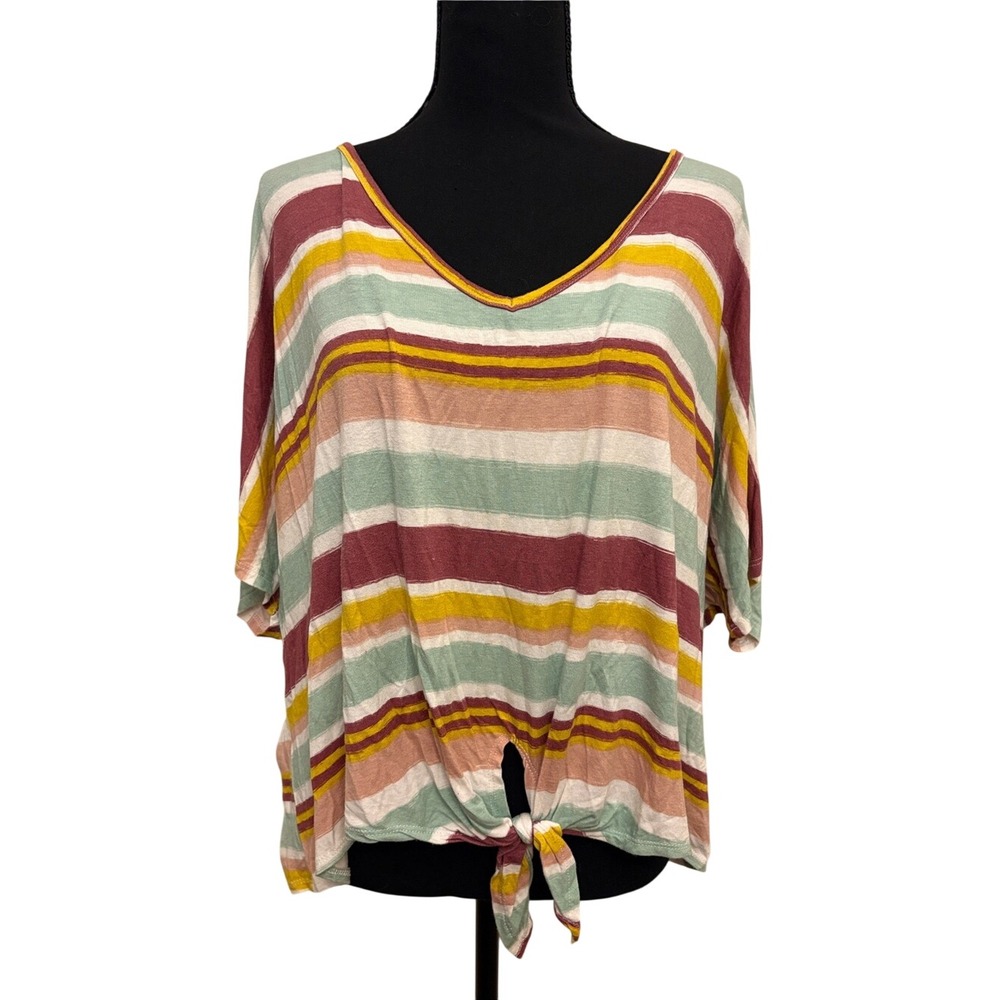 Acting Pro Striped V-Neck Tie-Front Top in Mint, Mustard & Mauve Size 2X